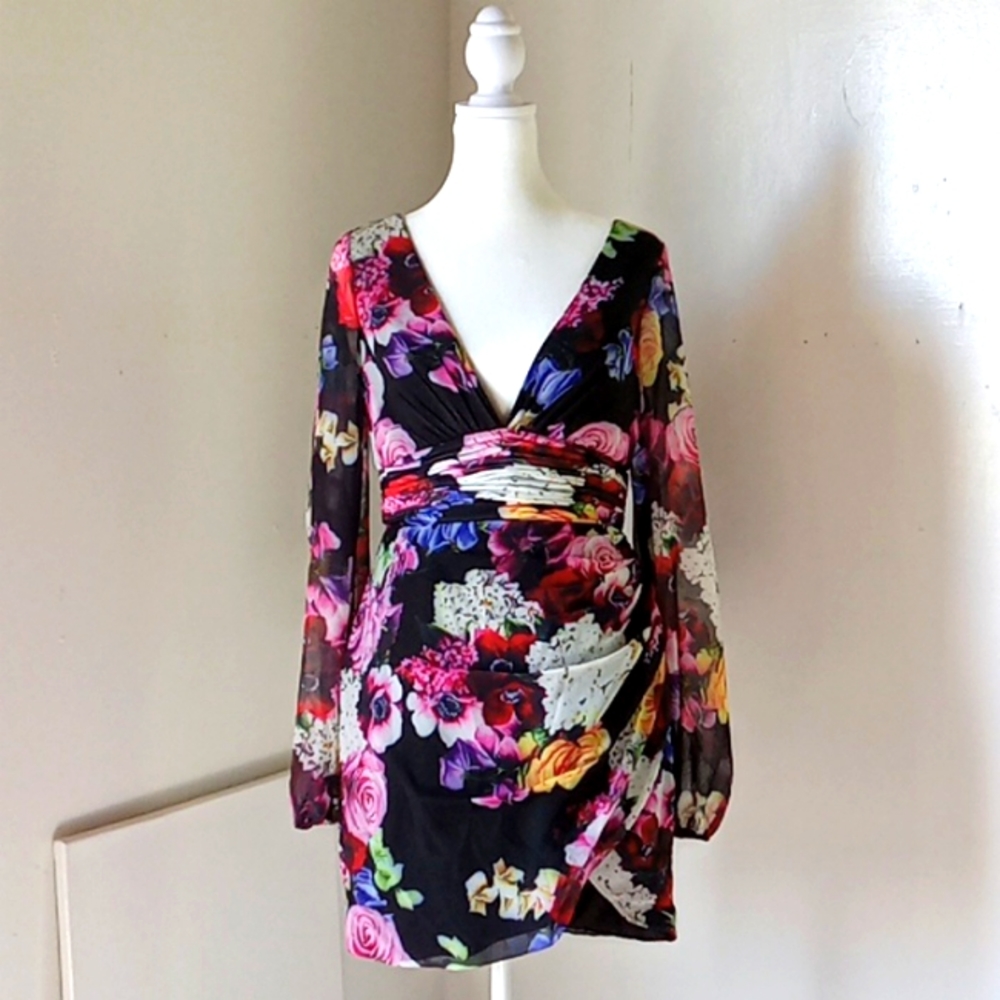 IEENA For Mac Duggal Floral Mini Dress Long Sleeves Size 6 Black Pink